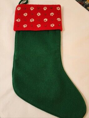 Green Red Wool Christmas Stocking Needlepoint Floral Cuff Poinsettia Never Used